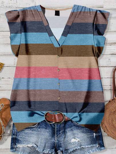 EMERY ROSE Colorful Striped Print Casual Loose Fit Shirt For Plus Size Women, Suitable For Summer Beach Striped Tops For Women Chic Blouses For WomenIn Fall/Winter