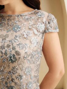 Anewsta Váy ngắn tay sequin lưới họa tiết hoa thanh lịch màu sâm panh, thích hợp mặc dự tiệc, hẹn hò, đi nghỉ dưỡng, trang phục xuân/hè - Bạc - Xem 5