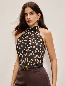 BizChic 2026春夏新款复古波点露背系带女式背心，优雅都市通勤日常百搭浪漫90年代复古风，适合圣诞节、新年、情人节、派对、海滩、毕业典礼、时尚、节日、假日、婚礼宾客、早午餐、机场等多种场合。 - 黑色 - 查看 7