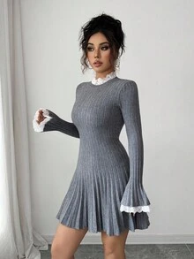 Elenzga Elegante abito-maglione da donna con maniche a sbuffo, vita stretta e linea ad A