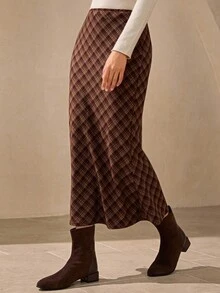 Wildy Vintage Plaid Brown Long Skirt, Casual American Country Western Ranch Style Brown Skirts For Women Plaid Skirt Brown Checkered Skirt Long Brown Skirt Checkered Skirt - Brown - View 3