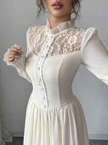 Elenzga Elegante abito romantico con collo alto in pizzo a contrasto, balze sul fondo e vita aderente, decorato con perle casuali - Albicocca - Visualizzare 6