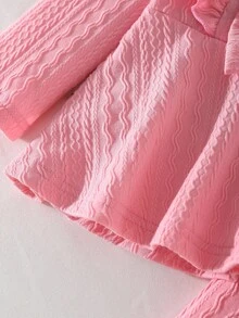 Girls Casual Elegant Daily Round Neck Raglan Long Sleeve Ruffle Waist Bow Textured Fabric T-Shirt With Elastic Waist Solid Color Pants Set, Suitable For All Seasons Fall Winter - Pink - View 8