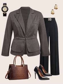 Ellevyn Blazer Elegante de Negócios para Mulheres Plus Size, Outono/Inverno, Cintura Marcada Ajustada, Decoração de Barra Dupla, Gola de Lapela, Blazer de Manga Longa para Inverno - Marsala - Visão 3