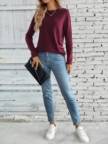 SHEIN LUNE Áo thun nữ tay dài cổ tròn xếp ly màu trơn đơn giản, thoải mái - Màu Đỏ Sâu - Xem 6