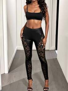 BamGleam Modische sexy Punk Nieten & Spitze Patchwork Skinny Hose