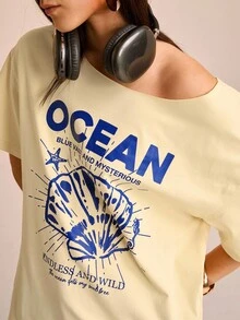 CAJUNI T-shirt ample à manches courtes asymétrique pour femmes en vacances avec imprimés de coquillages, d'étoiles de mer et d'hippocampes. Polyvalent pour l'été