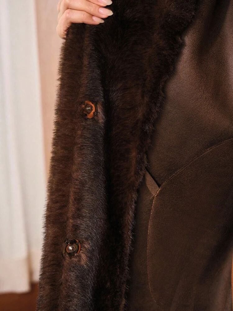 BELTED FLANNELETTE FAUX FUR COAT