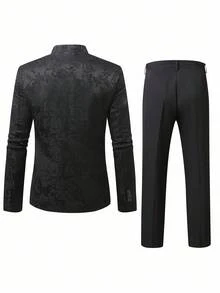 Manfinity Homme 男士花卉提花长袖单排扣西装外套和裤子套装 - 黑色 - 查看 2