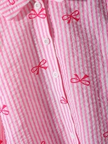 少女休闲时尚甜美翻领长袖修身竖条纹蝴蝶结印花纹理面料衬衫，适合返校季、秋冬季穿着。 - 粉色 - 查看 5