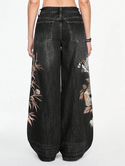 Grunge Punk Unisex Vintage Street-Style Chinese Tiger & Floral Embroidery Loose Wide-Leg Jeans
