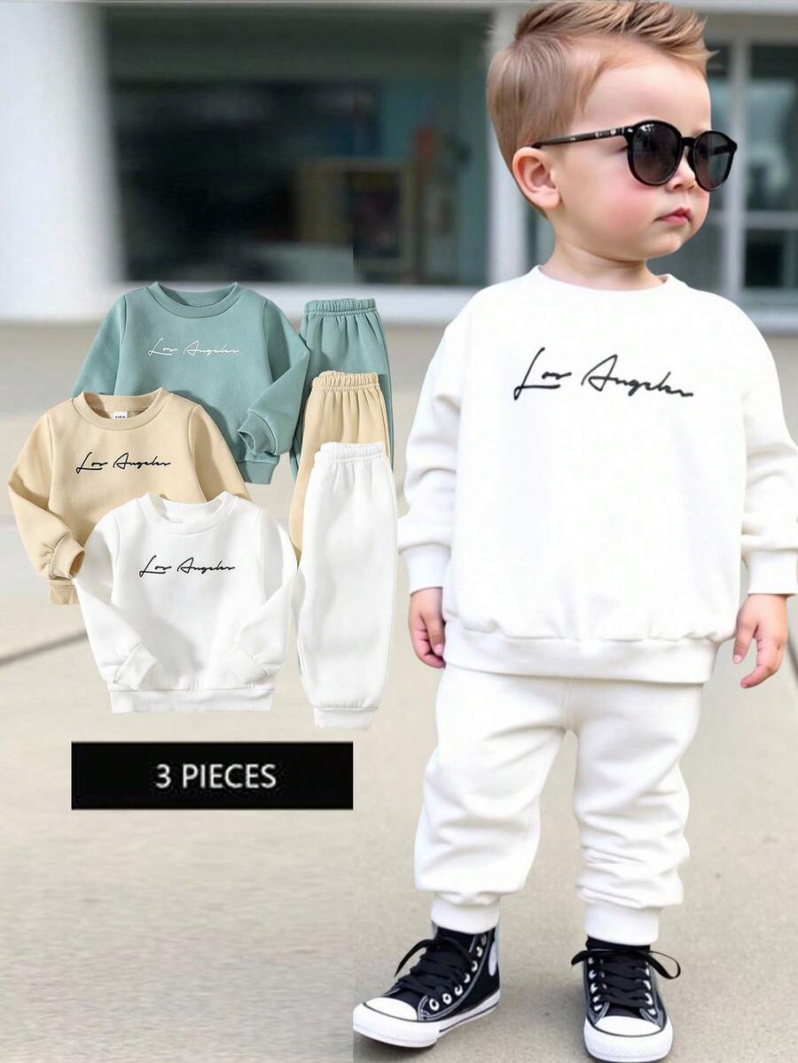 6pcs Baby Boy/Girl Cute Cartoon Letter Print Solid Color Long Sleeve Sweatshirt & Knit Jogger Pants 2pcs Set, Suitable For Autumn/Winter Outings Fall - Multicolor - View 1