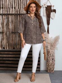 EMERY ROSE Plus Size Women's Leopard Floral Print Beige Button Down Short Sleeve Casual Shirt,Summer Boho Vacation Country Resort Bohemian Chic Blouses - Multicolor - View 5