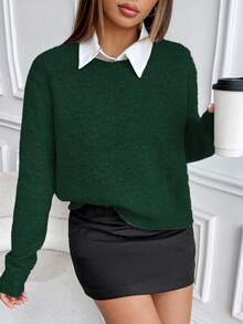 EMERY ROSE 休闲风格纯色圆领针织长袖毛衣 - 墨綠色 - 查看 6