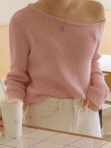 DAZY 女士宽松不对称领口针织毛衣，长袖，秋冬新品