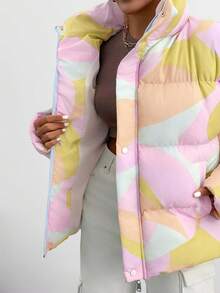 Giacca invernale casual, ampia, con chiusura lampo anteriore e stampa geometrica, manica lunga, da donna