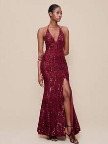 Lumalex VITNOS Autumn/Winter New Women's Solid Color Sequin Side Slit Fishtail Hem Deep V Sexy Halter Dress Red Sequin Dress Burgundy Sequin Dress Red Sparkly Dress Sequin Gown Red Formal Dress Autumn Outfit, Suitable For Concerts, Dates, Weddings, Parties, Birthday, Night Out