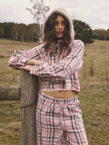 Aralina 睡衣秋冬可爱舒适柔软拉绒法兰绒格纹纽扣门襟衬衫和阔腿裤带系带两件套睡衣套装 - 彩色 - 查看 5