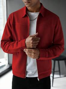 Manfinity Homme 男士简约纯色口袋长袖夹克，适合日常穿着；男士红色拉链夹克；男士拉链夹克；男士休闲夹克；秋季 - 紅色 - 查看 4