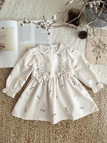 SHEIN 1 pieza Vestido de princesa de manga larga con bordado floral y lazo, falda de tul esponjosa, estilo dulce adecuado para fiesta de cumpleaños, otoño/invierno