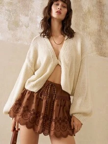 Cévolie Brown Hollow Lace Patchwork Elastic Waist Faux Drawstring Mini Skirt