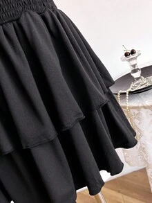 SHEIN 少女黑色麻花针织腰部双层短款迷你裙，春夏