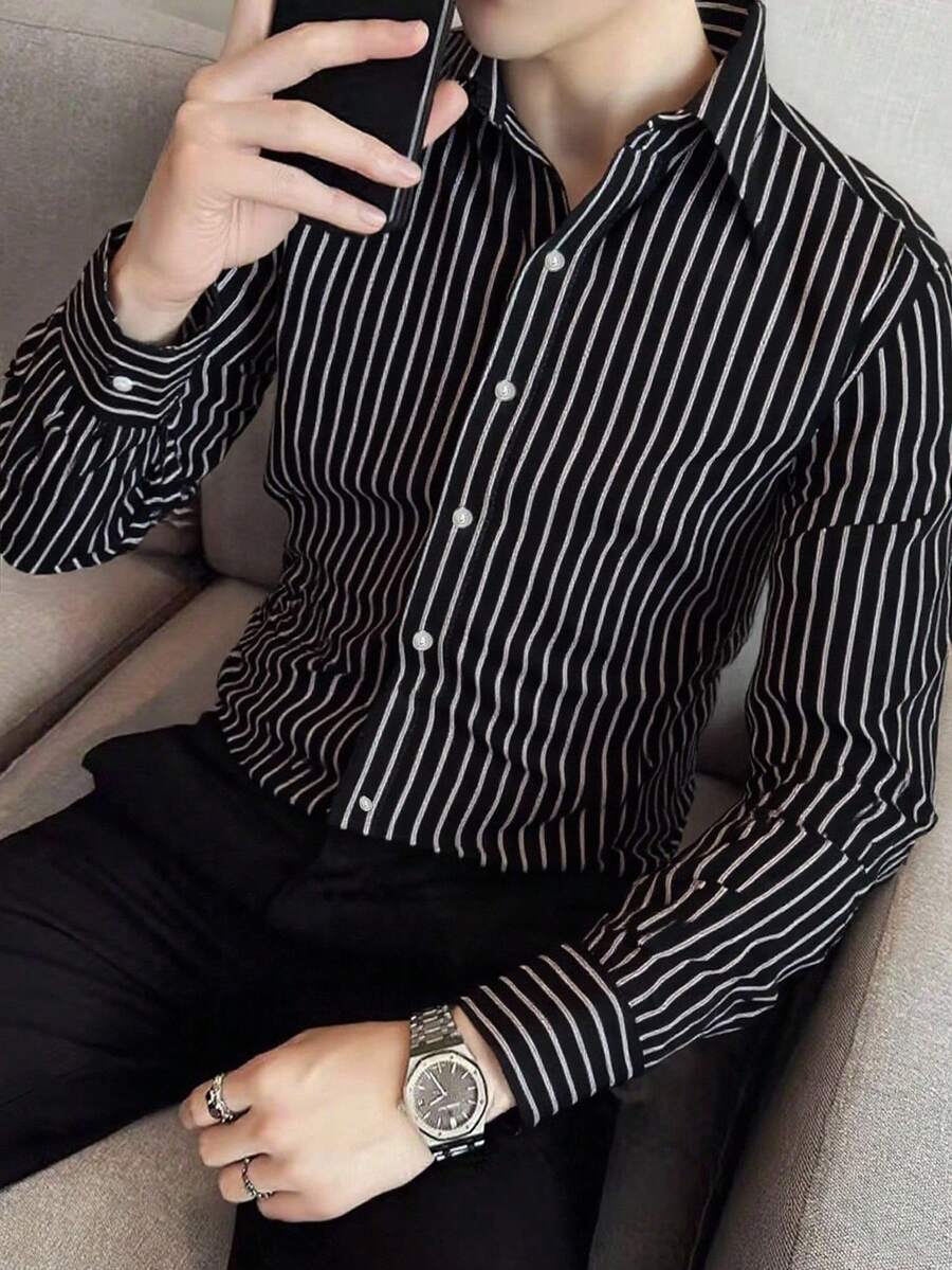 Calvornis 黑色条纹长袖衬衫，带口袋和领子，适合华丽派对穿着条纹长袖衬衫男士条纹衬衫黑白条纹衬衫男士黑白衬衫，秋季 - 黑色 - 查看 1