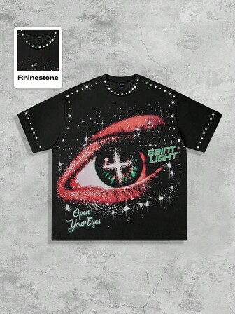 Street Life Augen-Muster mit Strass verziertes Rundhals Kurzarm T-Shirt, unisex Sommer Tops