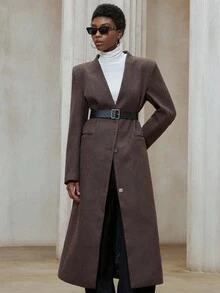 Aveloria Modichic Women's Autumn/Winter Stand Collar V-Neck Long Sleeve Loose Single-Breasted Long Coat - Coffee Brown - View 6