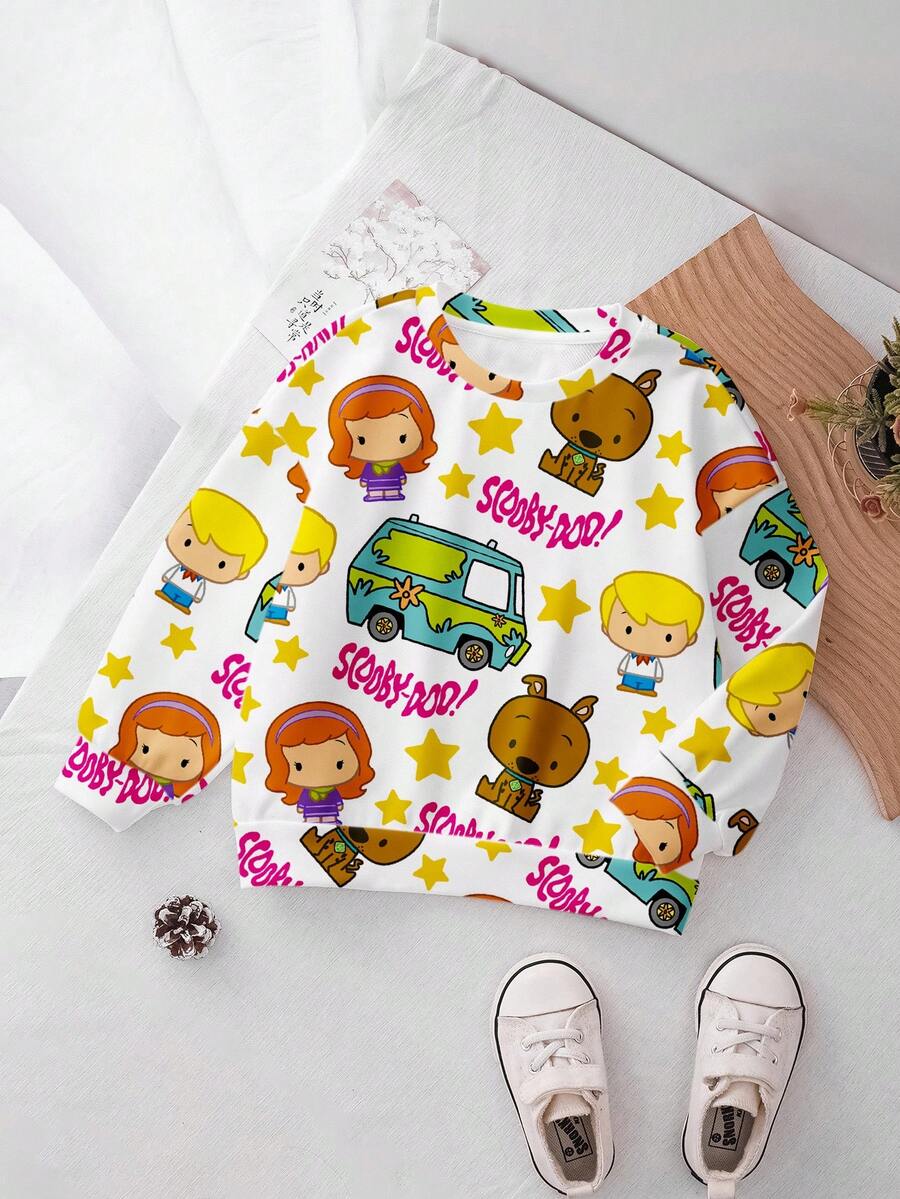 SCOOBY-DOO X SHEIN Áo nỉ cổ tròn dài tay in hình chữ và hoạt hình cho bé gái - trắng - Xem 1