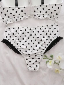 2pcs Plus Size Bra Set With Molded Cup, Underwire, Mesh Inset, Ruffle Trim, Bow Accent, Lift & Enhance, Polka Dot Pattern  Cozy And Elegant Details