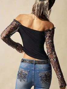 Bohemela Áo thun cỡ lớn kiểu dáng thường ngày rách rưới khoét lưng - màu đen - Xem 3