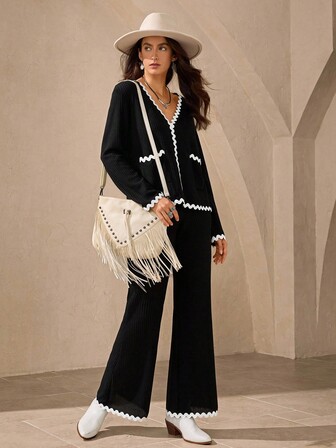 Wildy 2 件基本款休闲针织家居服套装，舒适机场装，黑色两件套裤装女式针织裤套装女式裤套装扇形边裤套装黑色裤套装