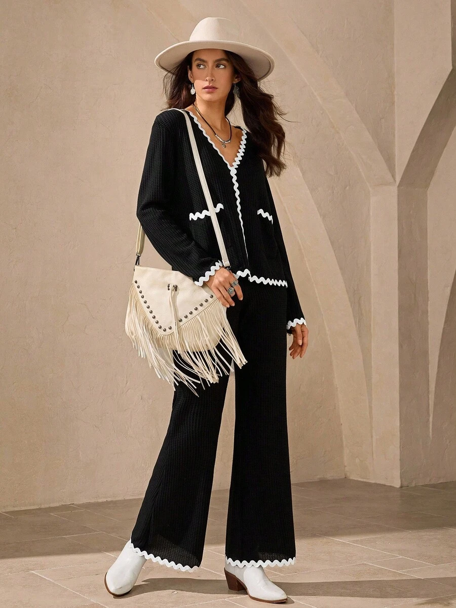 Wildy 2pcs Basic Casual Knit Loungewear Set,Women Black And White Scalloped Trim Pant Suits,Elegant Autumn Brunch Outfit,Comfortable Airport Two Piece Set - Black - View 1
