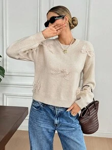 SHEIN Frenchy 女士休闲优雅百搭毛衣，带 3D 蝴蝶结丝带装饰，秋冬女装 - 杏色 - 查看 7