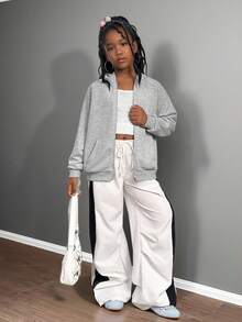 女童拉链口袋插肩袖休闲卫衣外套，适合周末、休闲外出、返校等场合，灰色儿童拉链卫衣，女童灰色卫衣，女童灰色拉链卫衣，秋冬季 - 淺灰色 - 查看 12