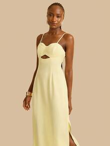 CAJUNI Women's Mid-Length Hollow Design Spaghetti Strap Yellow Dress - Light Yellow - View 7