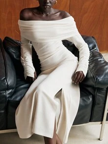 Lumivelle 优雅时尚年轻女士简约露肩大翻领腰袖褶饰 A 字下摆开衩连衣裙，秋冬 - 杏色 - 查看 6