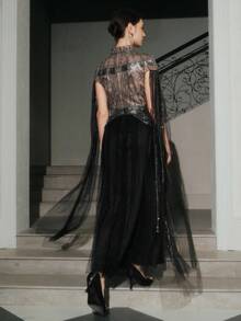 Anewsta 女式高端派对/节日串珠拼接高领时尚连衣裙 - 黑色 - 查看 2