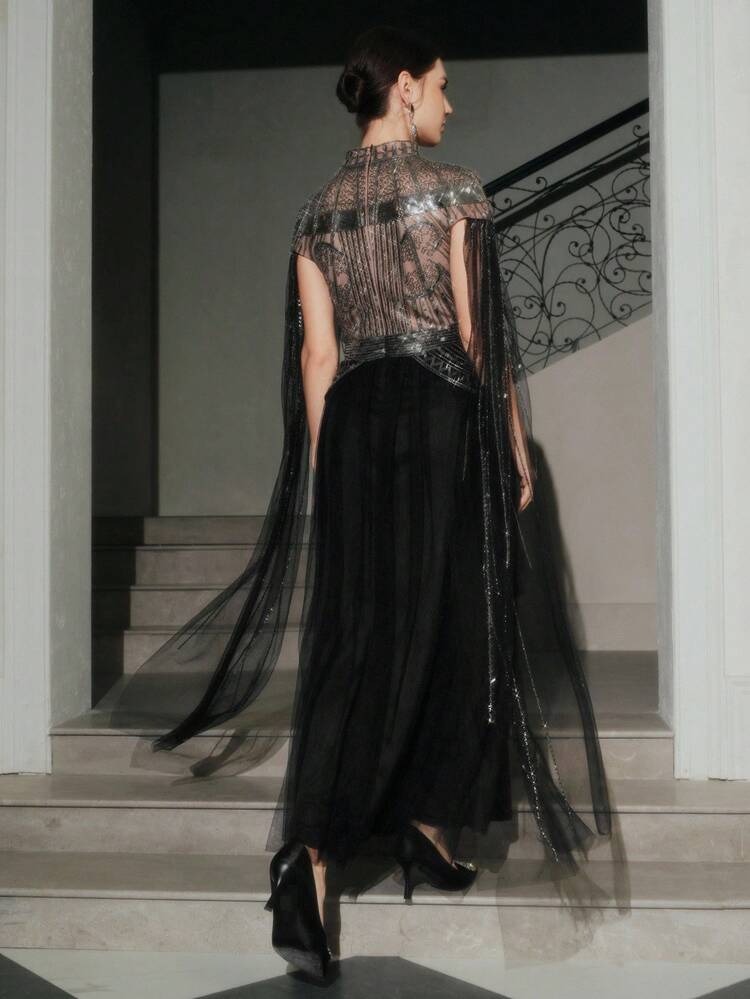 Women's High-End Party/Holiday Beaded Patchwork Turtleneck Fashion Dress