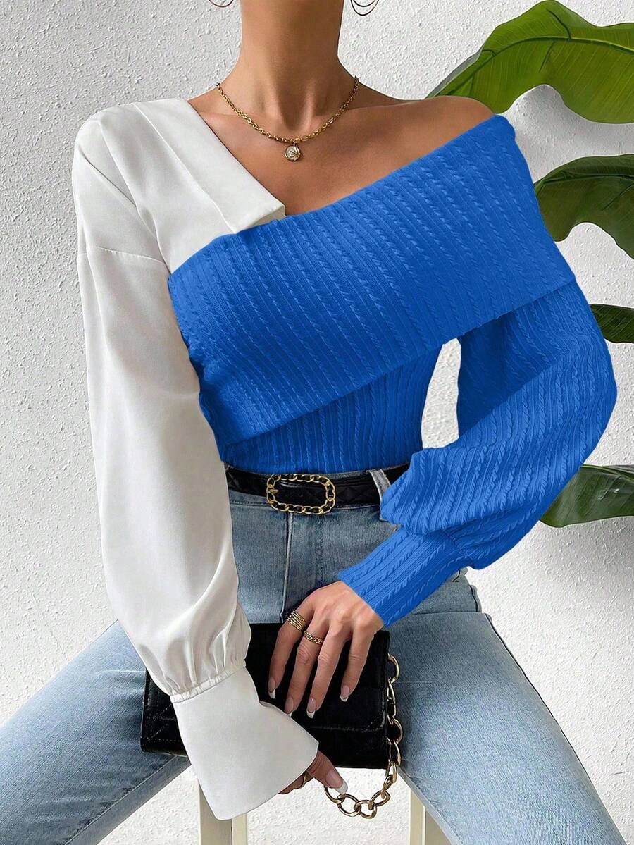 SHEIN Privé 女式不对称领落肩宽松拼布修身上衣，春秋季 - 藍色 - 查看 1
