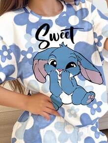 卡哇伊卡通蓝色兔子露露和史迪奇图案，蓝色渐变花卉，少女休闲简约圆领短袖短裤睡衣套装，适合夏季、夏季度假、度假氛围、暑假、返校、返校节、户外野餐、郊游、街头风格、居家、校园、清凉一刻 - 彩色 - 查看 4