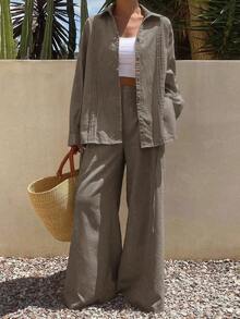Livesso 女士夏季纯色褶皱衬衫和阔腿裤休闲套装 - 灰色 - 查看 3