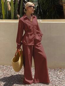 Livesso 女士夏季纯色褶皱衬衫和阔腿裤休闲套装 - 鏽棕色 - 查看 5