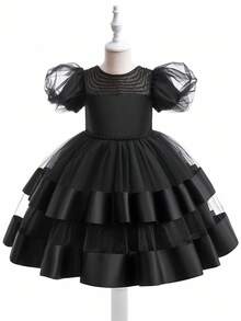 Glamorique Kids 女童黑色泡泡袖串珠多层薄纱缎面公主裙，适合正式场合、表演、生日派对、秋冬走秀公主/圣诞派对，以及秋冬度假派对。 - 黑色 - 查看 4
