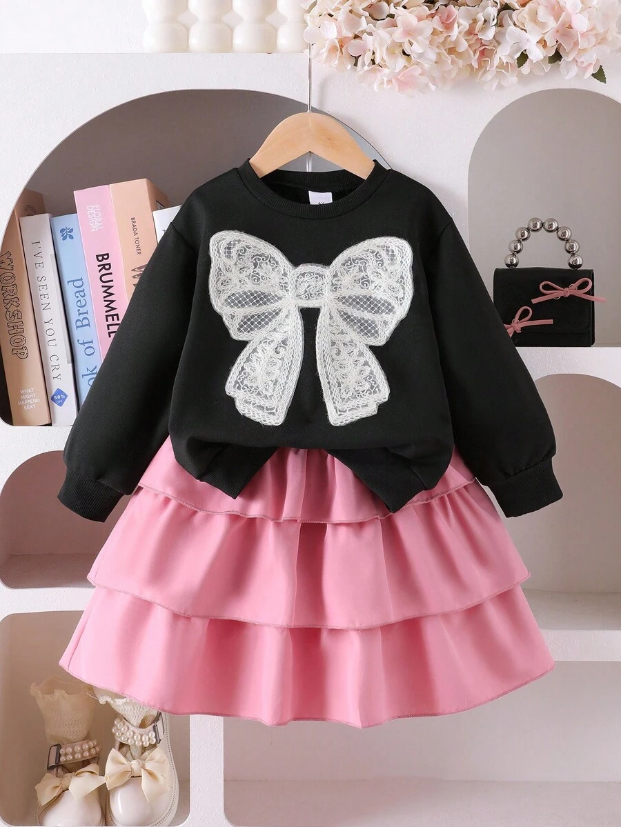 2pcs/Set Young Girls Bowknot Sweatshirt & Cake Skirt Outfit, Spring/Autumn 2024 New Collection Fall Winter - Black - View 1