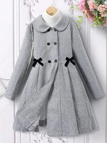 SHEIN Abrigo largo cruzado de doble botonadura con decoración de lazo para niña preadolescente, ideal para vacaciones, verano y viajes