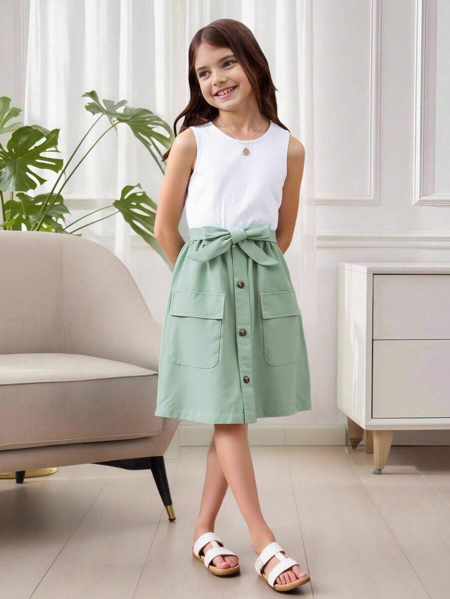 青少女兩色拼接插袋腰帶鈕釦前短裙 - 彩色 - 查看 1