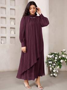 Veilorie Đầm suông dài tay xếp ly màu trơn cổ đứng cỡ lớn cho nữ - Màu đỏ tím - Xem 4