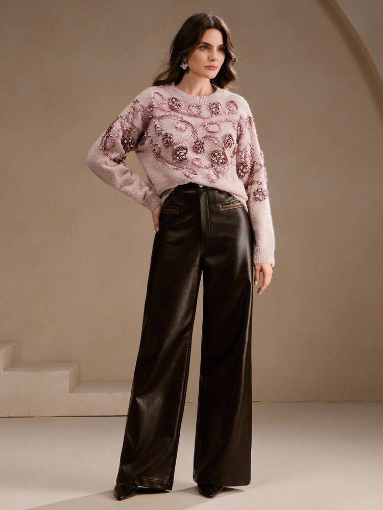 Plus Size Women Embellished Floral Knit Long Sleeve Sweater, Elegant For Autumn